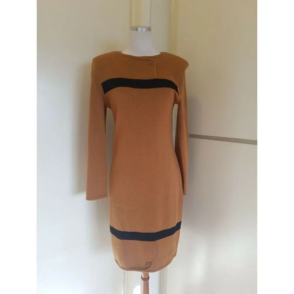 Vintage Courreges Womens Sweater Dress Brown Black Stripe Knit Size Medium